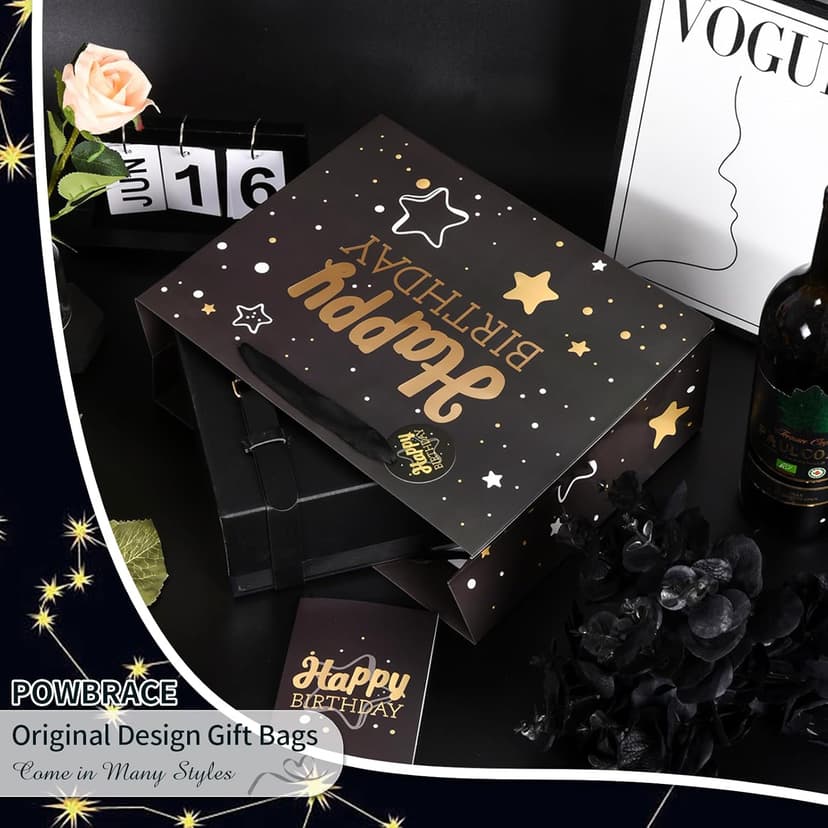 Black Birthday Gift Bag with Tissue Paper and Greeting Card, 13'x10.2'x4.9', Medium (1-Piece Set, Black Starry Sky, Unisex, Includes Card, Ribbon, Crinkle Paper)