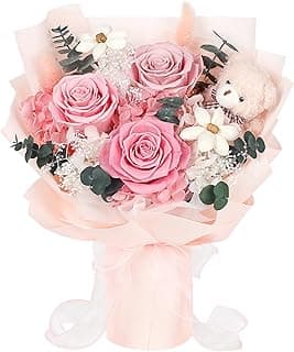 Preserved Flowers Bouquet with Bear, 3 Real Forever Flowers for Delivery, Long-Lasting Pink Eteranl Roses Bouquet Birthday Gifts for Women, Mother, Wife, Her
