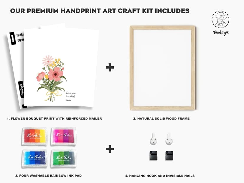 TwoDays Flower Bouquet Handprint Art Craft DIY Kit, Unique Gifts for Mom from Daughter or Son for Mother's Day Birthday Christmas, Gift for Grandma.(12" X 16", with Wood Frame)