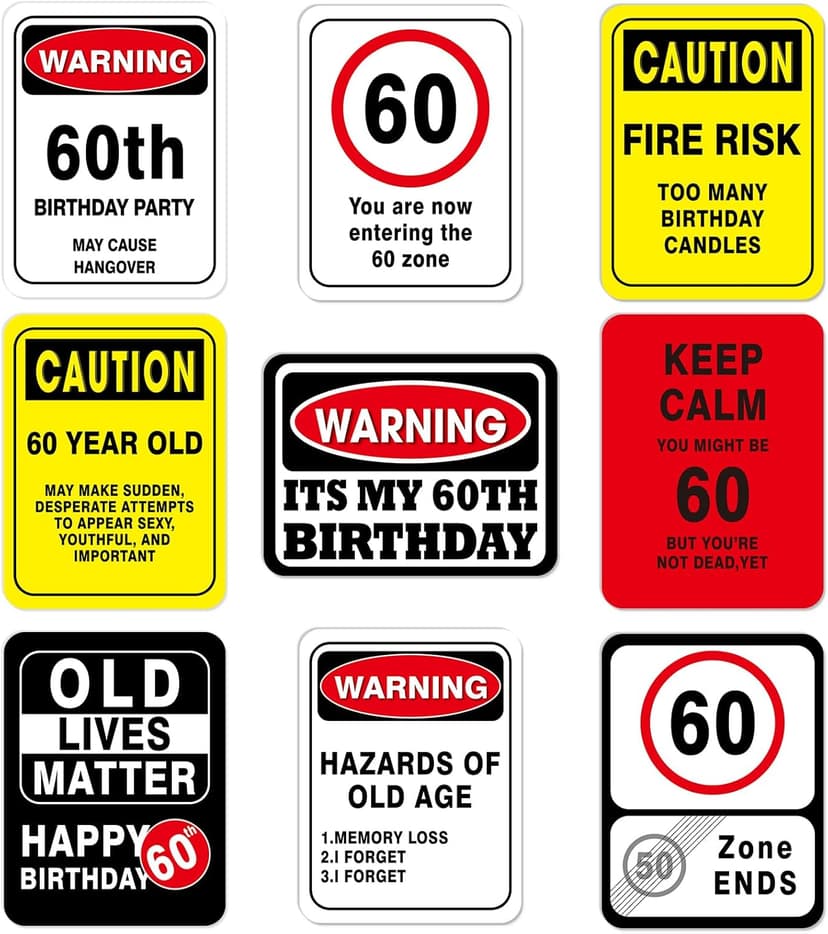 WERNNSAI 60th Birthday Decorations - 9 PCs 60 Years Funny Signs 60s Decorations, 60th Party Yard Garden Banner Table Centerpieces Door Wall Windows Signs Picture Props for Men Women, Happy Bday Old Decor