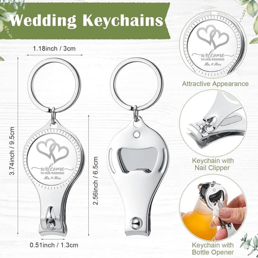 Fulmoon Wedding Multi Function Bottle Opener Nail Clipper Wedding Favors Brewery Cards White Organza Bags for Party Supplies Gift Souvenir Guests Men Women(50 Sets)