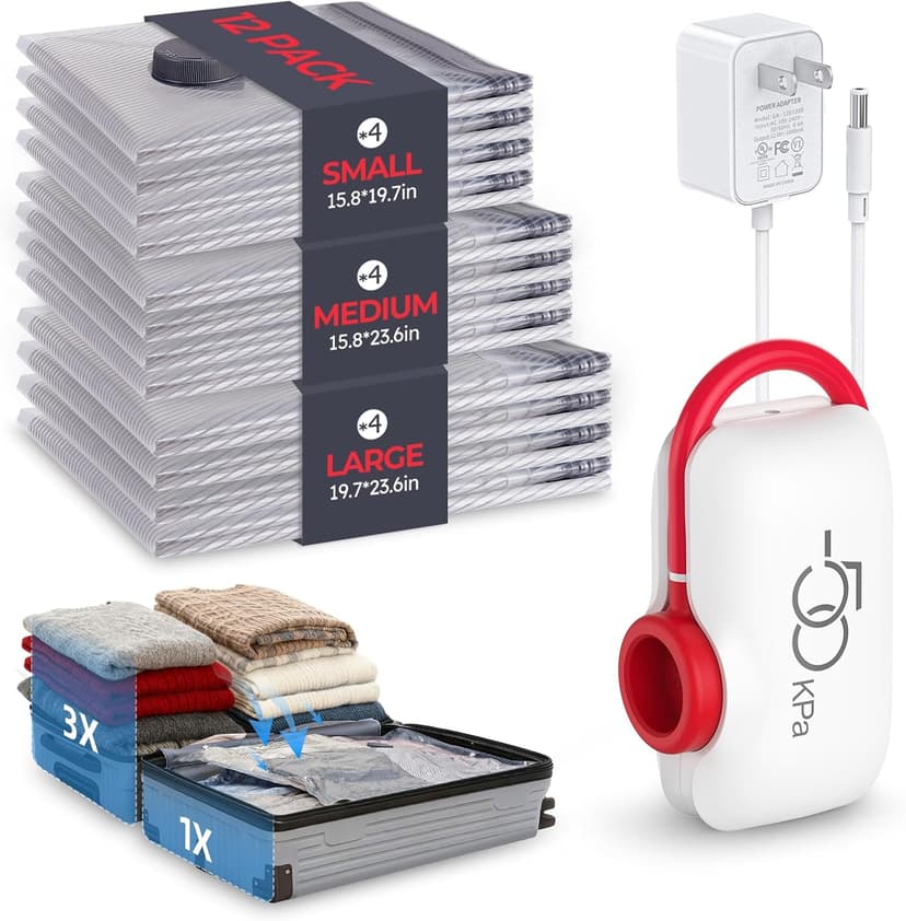 VMstr 12 Pack Vacuum Seal Bags for Clothing Travel, Carry-on Size for Luggage Compression Packing, Space Saver Bags with High Pressure Electric Pump (DC Power)