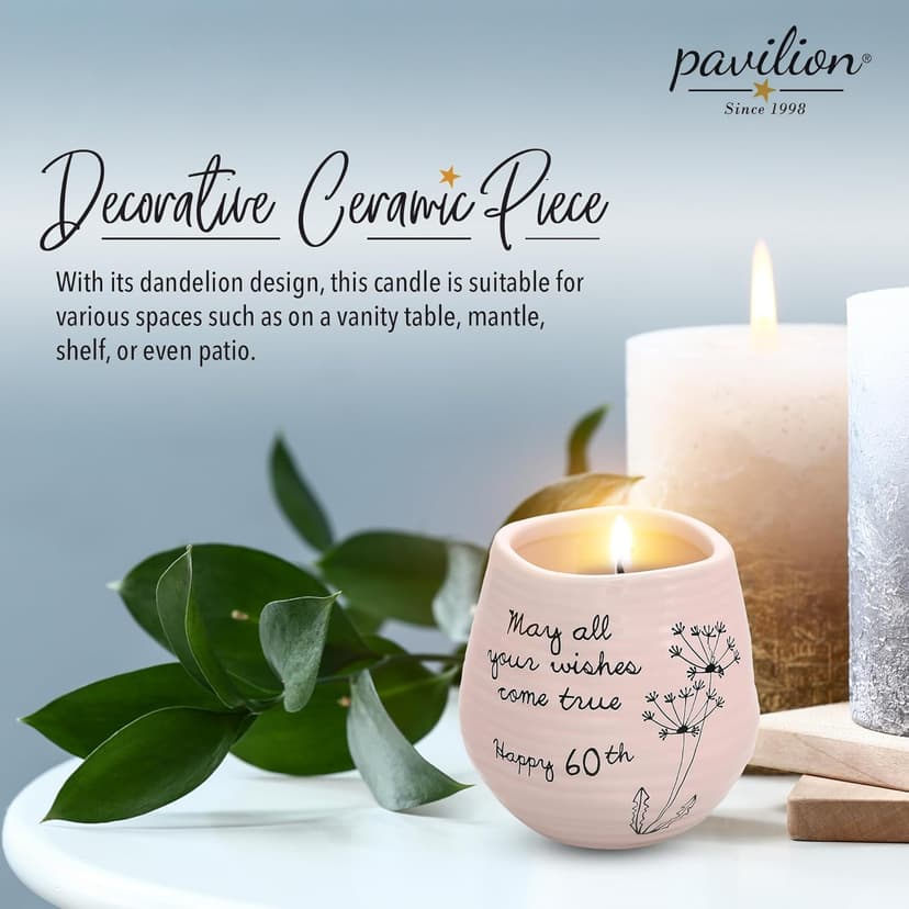 Pavilion - 8 Oz Candle Holder - Pink Ceramic Candle Jar with 100% Soy Wax Candle Serenity Scent "May all your wishes come true Happy 60th" Ideal Gift for Loved Ones - Printed Text, Love Theme & Oval