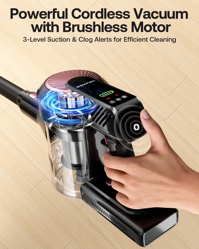 Cordless Vacuum Cleaner, Self-Standing 40Kpa 45Mins Vacuum Cleaners for Home, 8-in-1 Lightweight Stick Vacuum with Anti-tangle Wireless Vacuum for Carpet, Tile, Pet Hair, Hardwood Floors, Black