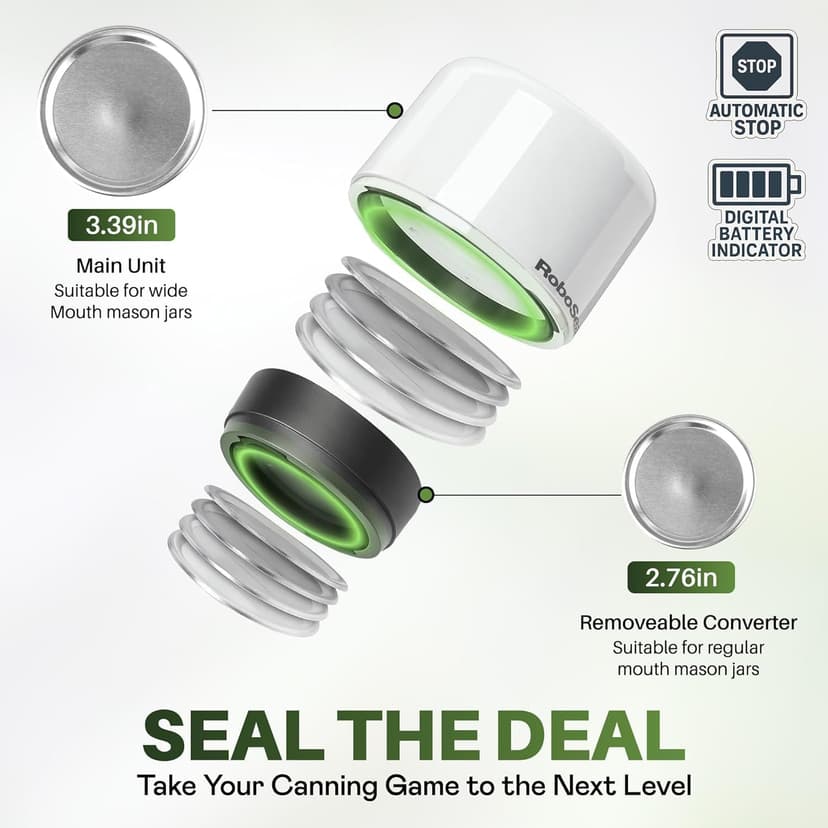 RoboSeal Rechargeable Mason Jar Vacuum Sealer for Mason Jars Wide & Regular Mouth, One Touch Operation, 10 Jar Lids and Jar Opener Included, Digital Battery Indicator, Preserves Foods 5x Longer