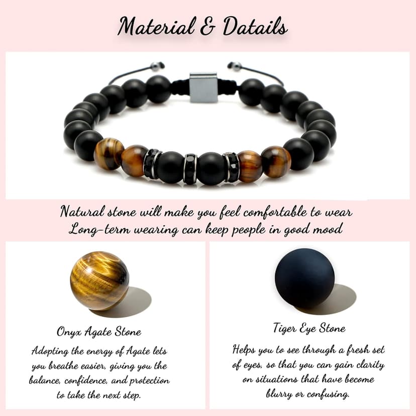 JoycuFF Gifts for Men Natural Tiger Eye Black Matte Agate Bracelets, Christmas Birthday Gifts for Boyfriend Husband Brother from Girlfriend Wife, To My Man Bead Bracelets