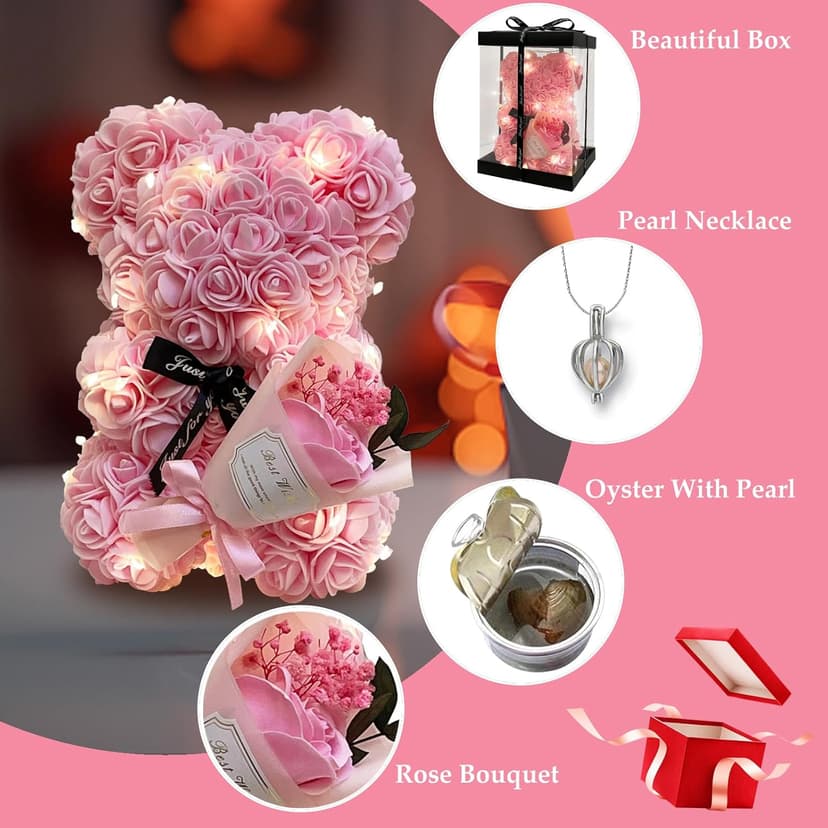 Romantic Valentines Day Gift for Her Rose Artificial Flower Rose Teddy Bear for Wife, Girlfriend Mother Daugther Women. Blind Box for Christmas Birthday Wedding Anniversary (Pink Bear)