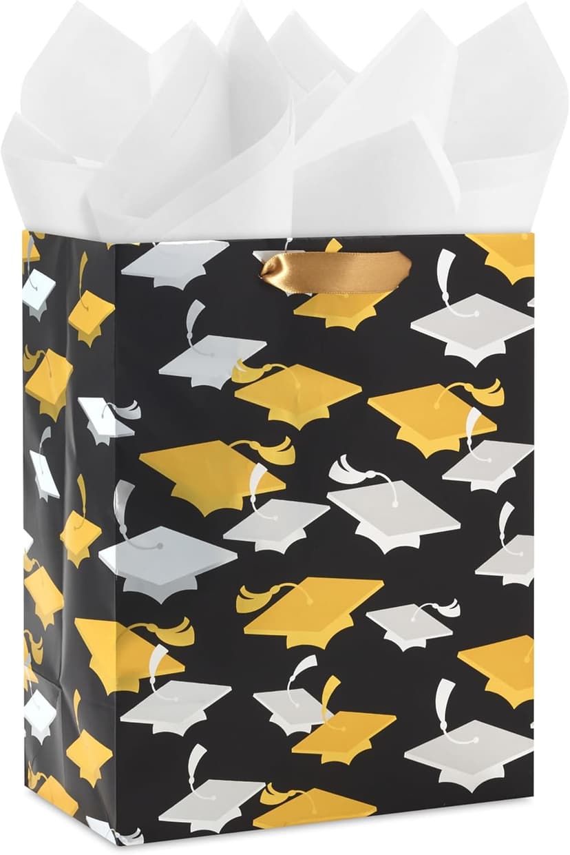 Hallmark 9" Medium Graduation Gift Bag with Tissue Paper (Gold and Silver Mortarboards on Black) for College, High School, 8th Grade, Kindergarten, Nurses