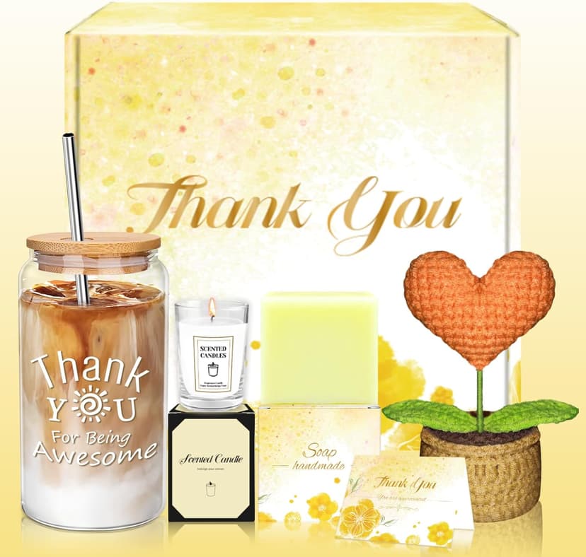 Thank You Gifts for Women, Employee Appreciation Gifts with 16 Oz Glass Cup, Scented Candle, Gift Baskets for Women, Coworker, Teacher, Birthday, Thanksgiving, Christmas, Anniversary (Yellow)