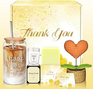 Thank You Gifts for Women, Employee Appreciation Gifts with 16 Oz Glass Cup, Scented Candle, Gift Baskets for Women, Coworker, Teacher, Birthday, Thanksgiving, Christmas, Anniversary (Yellow)