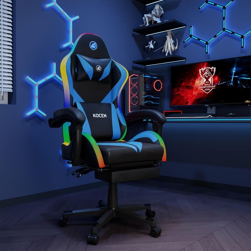 Gaming Chairs for Adults Tall and Kids，Lumbar Support,LED Lights，High Back Reclining Computer Chair with Headrest (Black+Blue)