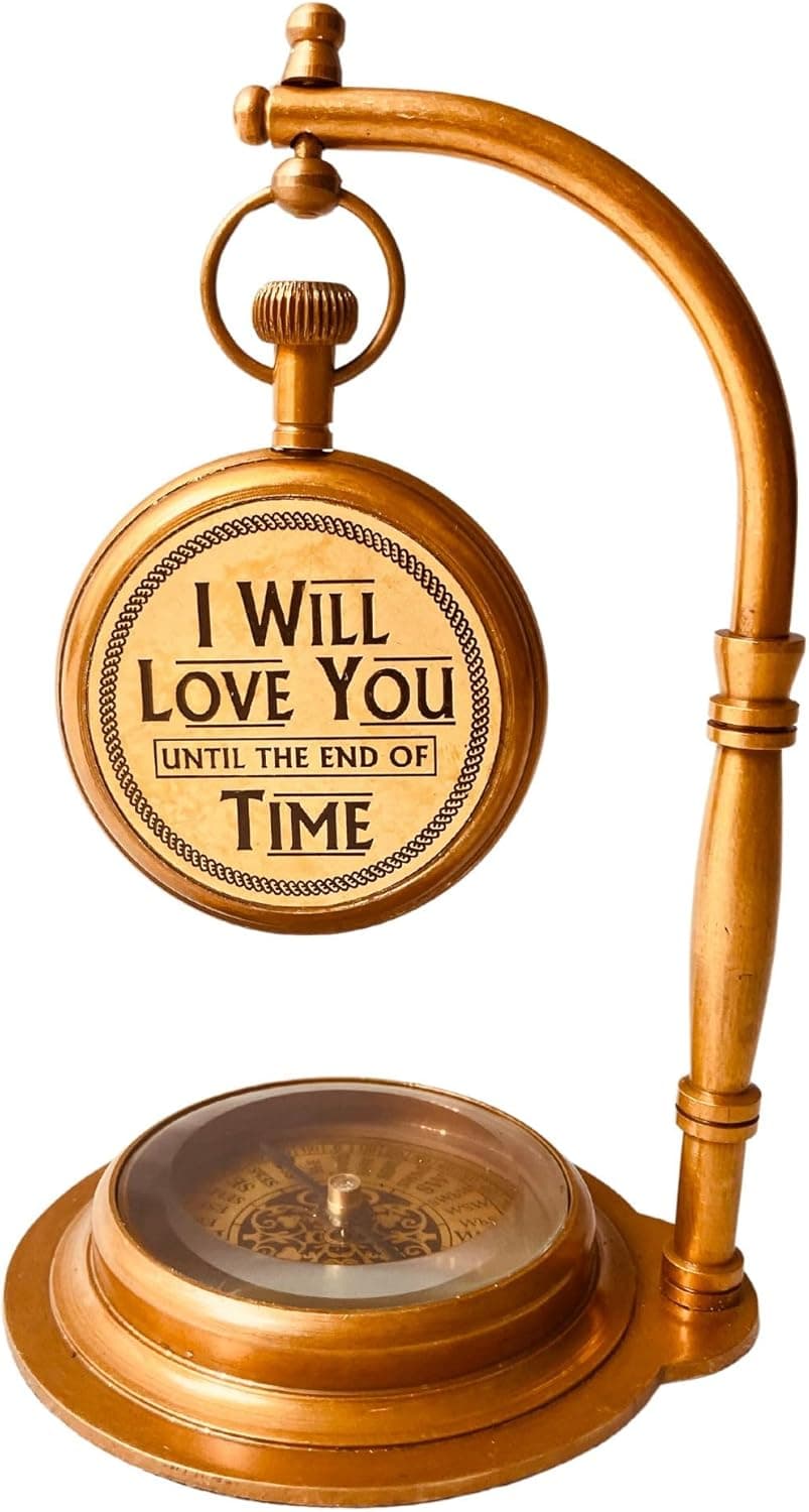 ALADEAN Brass Table Clock with Compass | Romantic Desk Clock - Decorative Vintage Mechanical Clock Lovers Boyfriend/Husband Birthday/Wedding Gifts (Love You)
