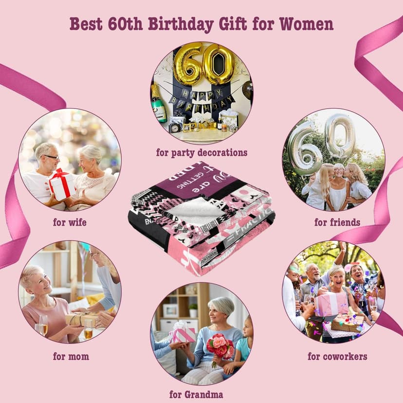 60th Birthday Gifts for Women Throw Blanket 60”X50”, Happy 60th Birthday Decorations Gift Ideas for 60 Year Old Woman, 1965 Bday Gifts for Mom Grandma
