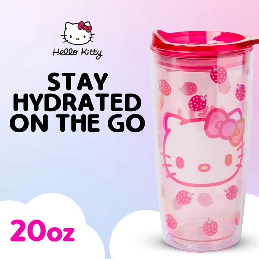 Silver Buffalo Sanrio Hello Kitty Strawberry Double Wall Travel Tumbler with Slide Close Lid, 20 Ounces
