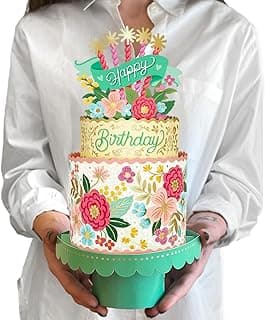 Freshcut Paper Pop Up Birthday Card for Women, Blooming Birthday Cake, 12 Inch Life Sized Tiered Cake, 3D Popup Greeting Cards with Blank Notecard & Envelope