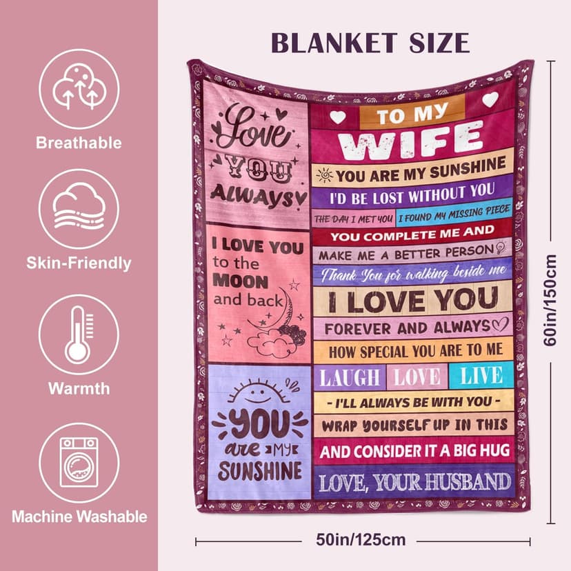 Gifts for Wife from Husbend - Anniversary Wedding Gifts for Women - Best Wife Birthday Gift Ideas - Christmas Mothers Valentines Day Romantic I Love You Gift for Her - To My Wife's Blanket 50"x60"