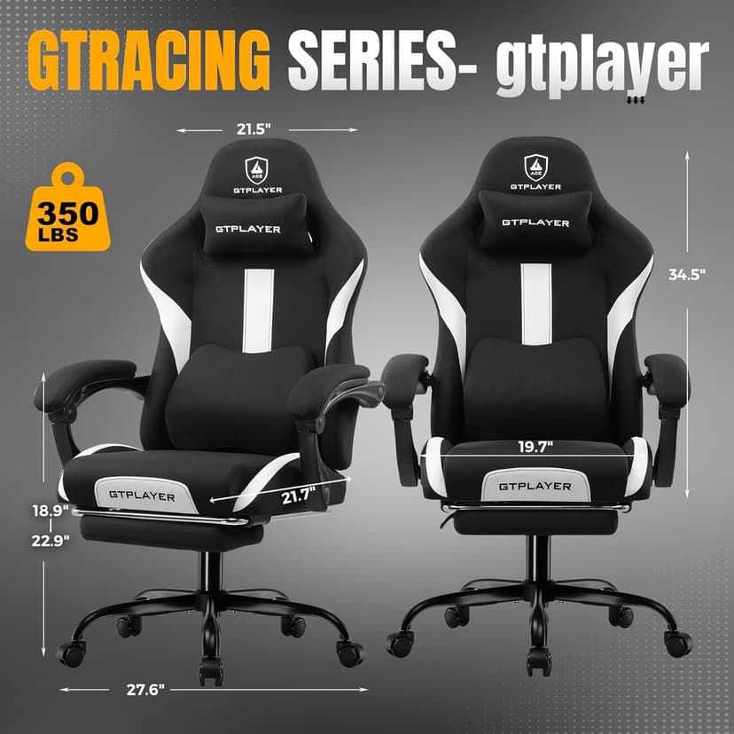 GTRACING Gaming Chair Ergonomic Office Chair with Foot Rest & Pocket Spring Cushion, Breathable Fabric Computer Chair with Headrest & Lumbar Support, High Back Game Chair for Adults, Coal-Black