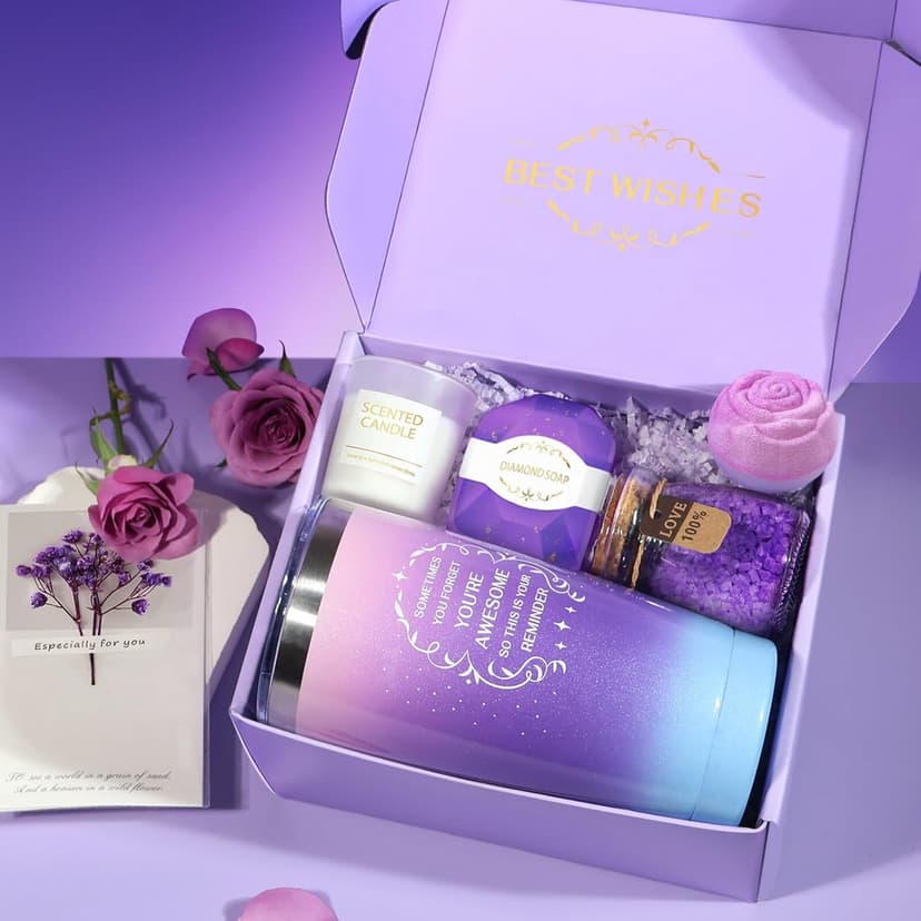 Birthday Gifts for Women, Thank You Gifts for Mom, Gifts for Wife, Girlfriend, Sister, Gift Set Idea for Her Christmas - Purple Gift Basket with 20 Oz Novelty Drinking Glasses