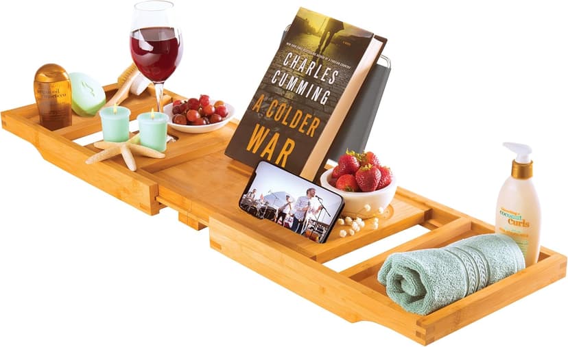 Bathtub Tray - Expandable Bamboo Bath Tray for Tub with Wine Glass Holder, Book & Tablet Stand - Wooden Bathtub Caddy Tray Table for Bathroom Accessories, Spa Relaxation, Housewarming & Wedding Gift