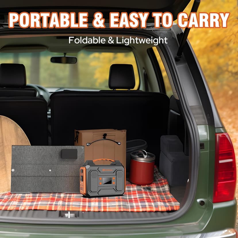 Portable Solar Generator, 300W Portable Power Station with Foldable 60W Solar Panel, 110V Pure Sine Wave 280Wh Lithium Battery Pack with USB DC AC Outlet for Home Use RV Van Outdoor Camping-Orange