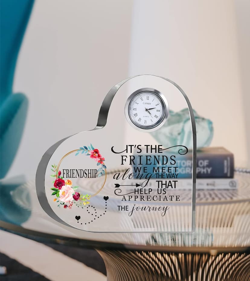 Movdyka Friendship Gifts for Women Friends Crystal Heart 5.9Inch Large Flower Glass with Clock Unique Best Gifts for Women Her Friend Plaque Birthday Gift Idea for Friend Female Presents