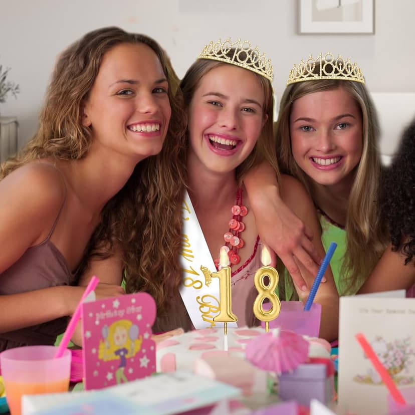 18th Birthday Decorations for Girls with 18th Birthday Sash White and Tiara Gold, Number Candles Gold, 18 Year Old Girl Gifts