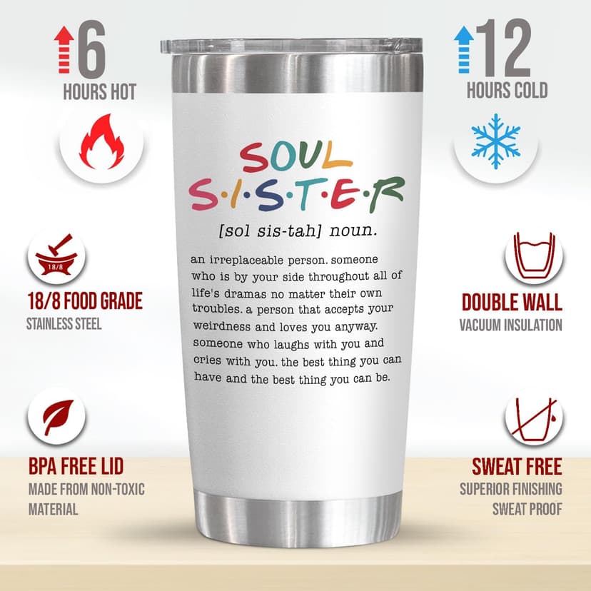 TEEZWONDER Friendship Gifts for Women - Soul Sister Stainless Steel Insulated Coffee Tumbler with Lid 20 oz - Mothers Day Birthday Gifts for Friendship Women Friend BFF Female Work Bestie Coworkers