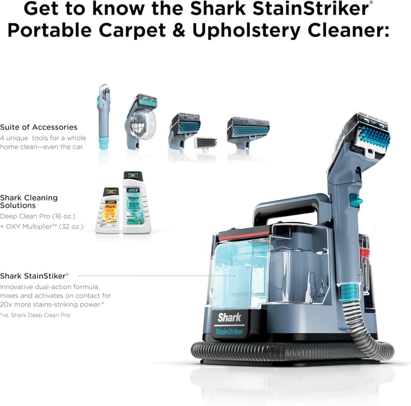 Shark StainStriker Portable Carpet Upholstery & Area Rug Cleaner, Bonus XL Tool & Full-Size Cleaning Solution, Stain & Odor Remover, Perfect for Car Interiors, 4 Cleaning Tools, Nordic Blue, PX202BRN