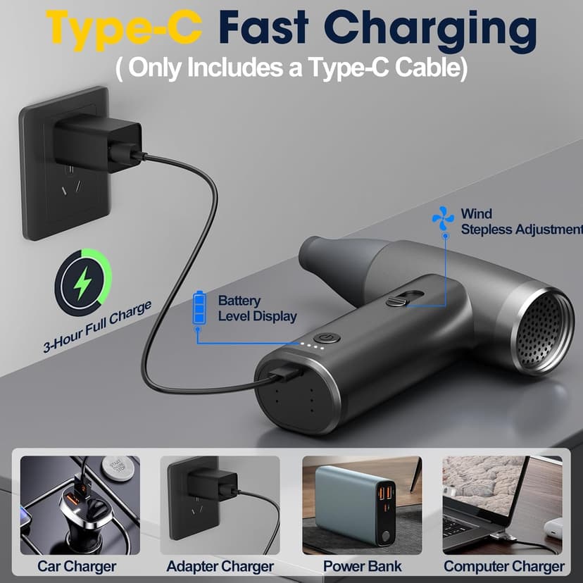 Metal Electric Compressed Air Duster, 300000RPM Brushless Motor with Stepless Speed, Rechargeable Cordless Mini Blower for Computer Keyboard Cleaning, Car Detailing, House and Outdoor Use(Black)