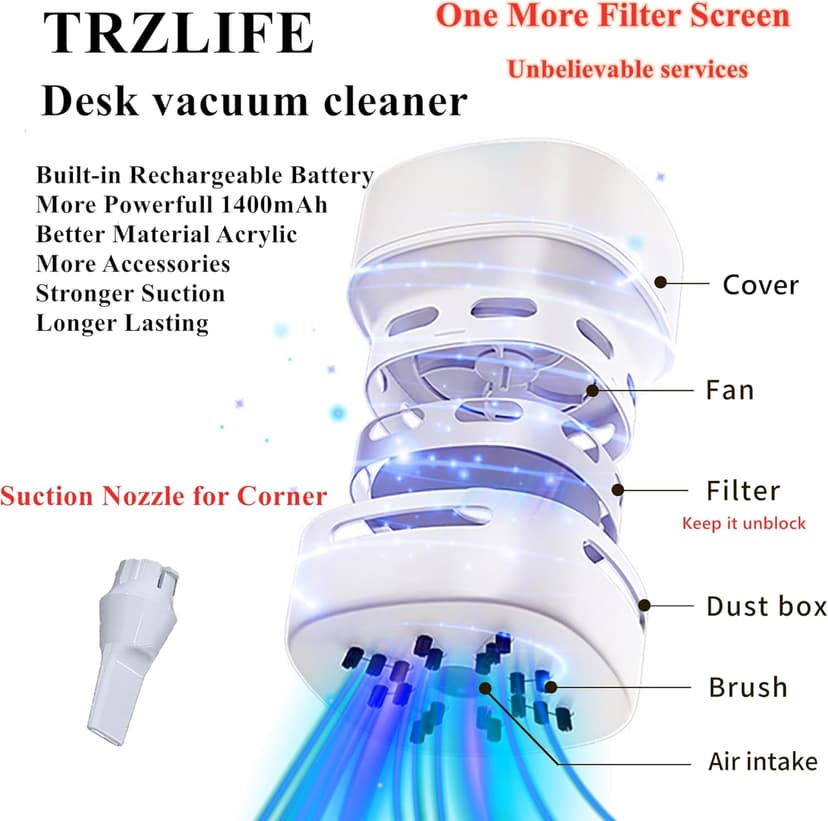 TRZLIFE Desk Vacuum Cleaner, Rechargeable and Durable Mini Desktop Vacuum with Bonus Accessories Desk Cleaner Sucks Tiny Items and Crumbs from Desktop Drawer Countertop Ideal as a White Elephant Gift