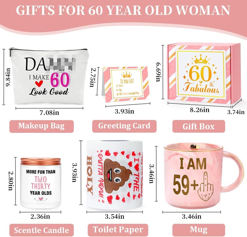 60th Birthday Gifts for Women Funny 60 Year Old Birthday Gifts for Women Turning 60 Gift for Woman 60th Bday Decorations for Woman Mom Her - Coffee Mug Card Makeup Bag Toilet Paper
