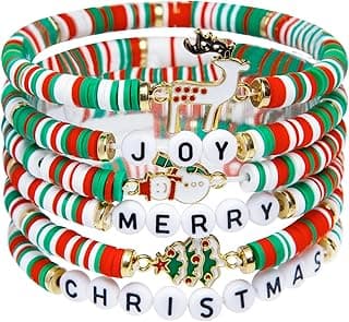 Artlunar 6 Pack Christmas Bracelets: Joy & Merry Candy-Style Stacks for Women & Teens - Perfect Christmas Gifts - Age 3 to Adult