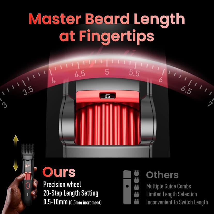 Men's Beard Trimmer with Precision Dial, 20 Adjustable Length Settings for Beard Mustache & Facial Grooming, Cordless Rechargeable, Professional Hair Clipper IPX7 Waterproof Wet/Dry Use, Red