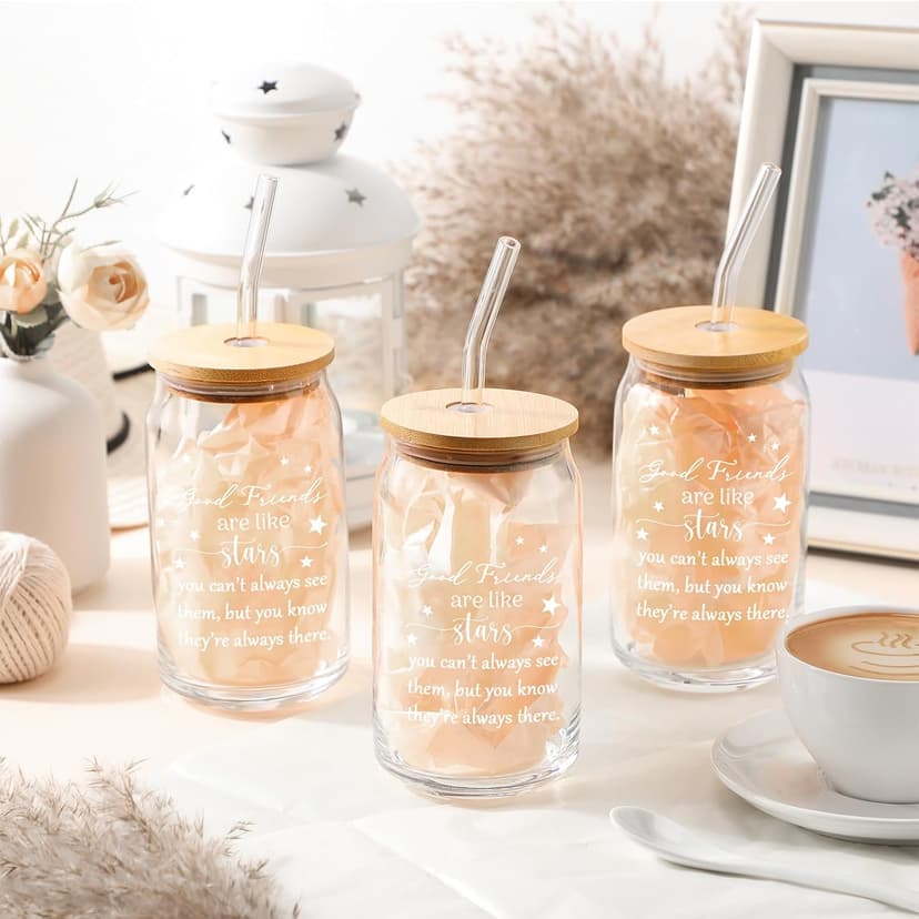 Zhehao 8 Pack Friendship Gifts for Women Friends Gifts Bulk 16oz Iced Coffee Glasses with Bamboo Lids and Straws for Sister Friend Holiday Birthday Party Drinking