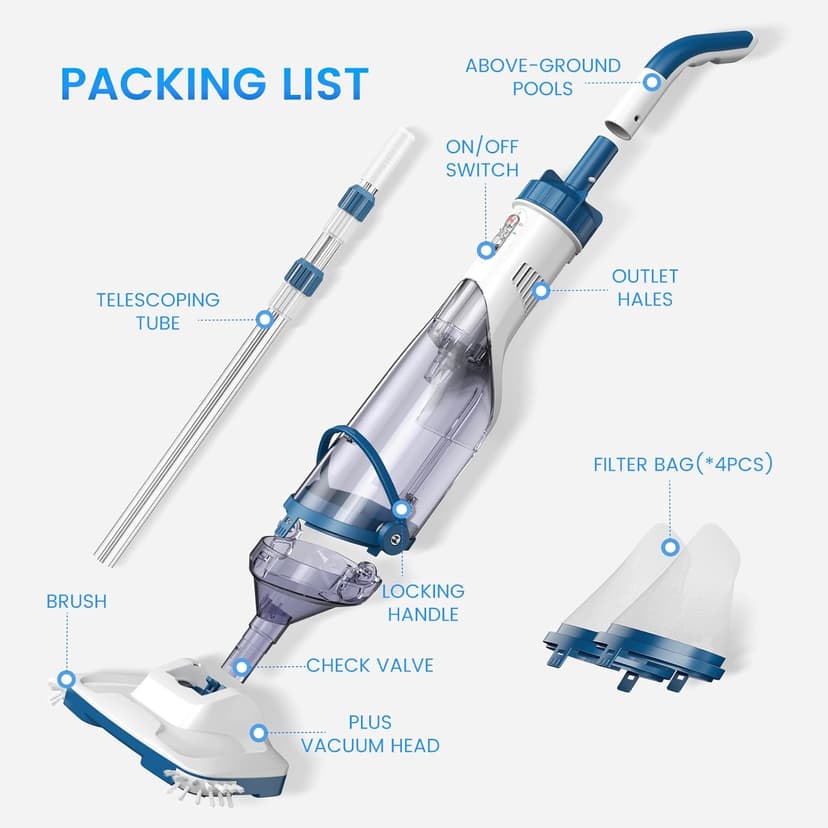 ENHULK Pool Vacuum for Above Ground Pools, 2025 Upgraded 13.4" Wide Head & Telescopic Pole, 18.5 GPM Suction, 60 Min Runtime, Cordless Handheld Rechargeable Pool Cleaner for Inground Pools (Blue)
