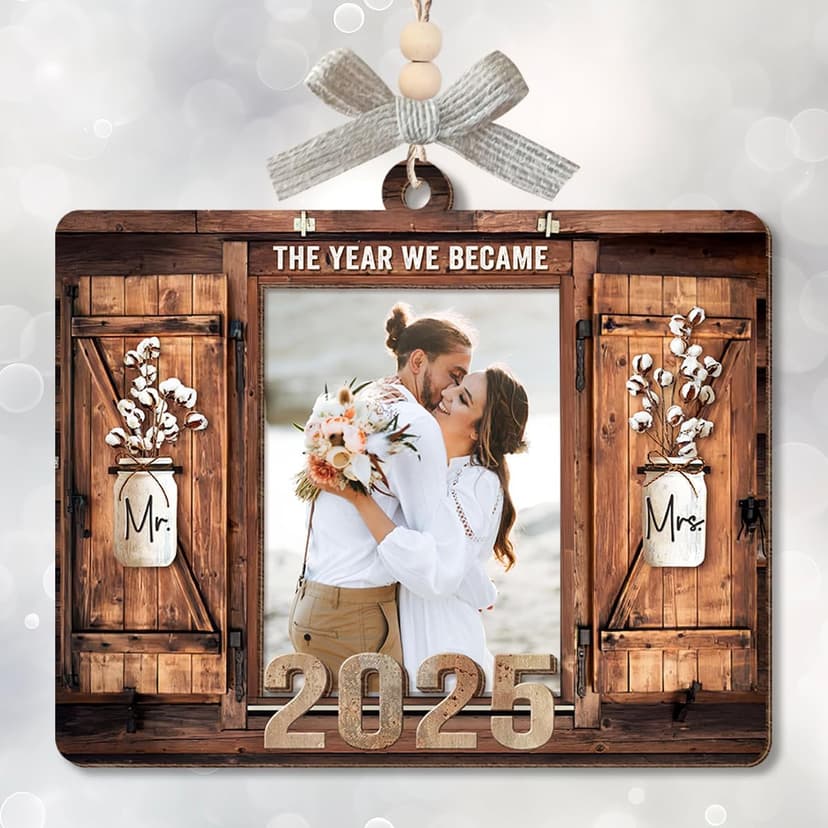 Personalized Wedding Gifts for Couples 2025 - Marriage Customized Wood Ornaments with Photos, Bridal Shower Gifts for Bride, Mr and Mrs Engagement Gift, Personalized Picture Frame