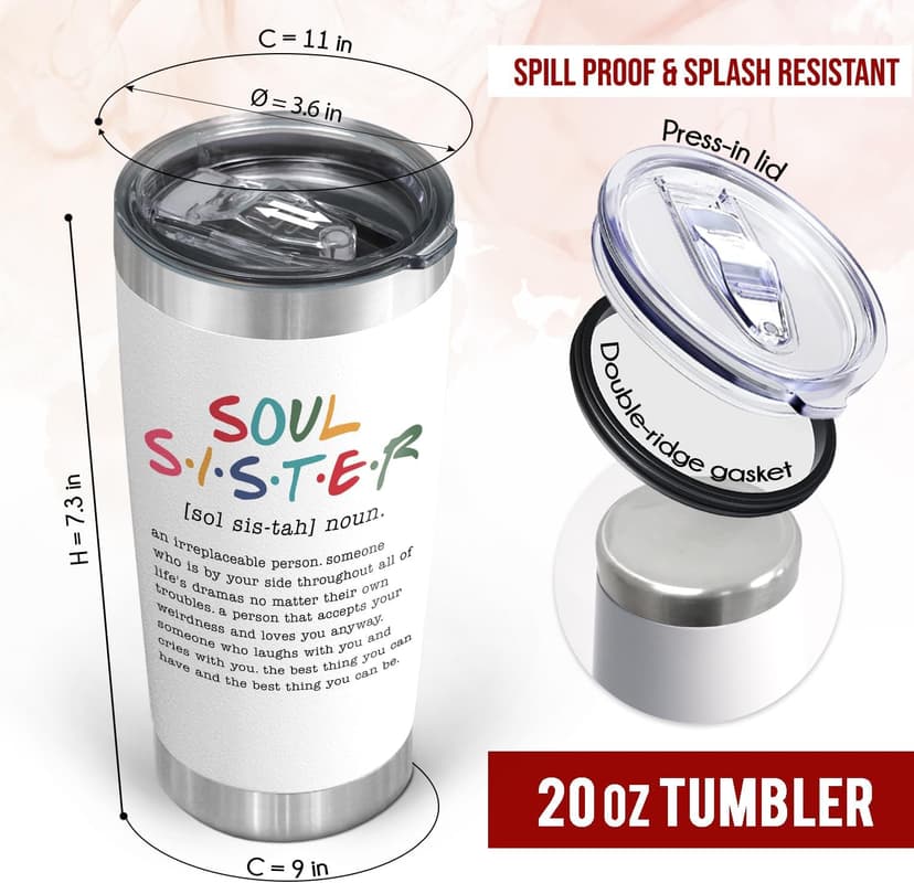 TEEZWONDER Friendship Gifts for Women - Soul Sister Stainless Steel Insulated Coffee Tumbler with Lid 20 oz - Mothers Day Birthday Gifts for Friendship Women Friend BFF Female Work Bestie Coworkers
