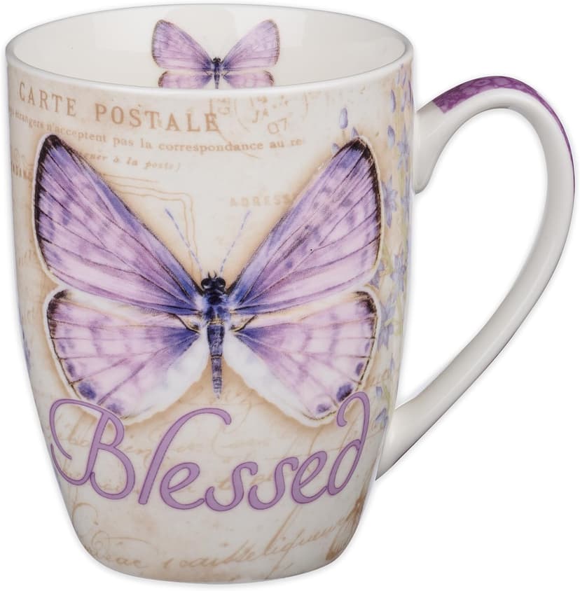 Christian Art Gifts Botanic Purple Butterfly Ceramic Coffee Mug Inspirational Coffee Cup for Women & Men 12 oz. Lead-free Microwave and Dishwasher Safe Coffee Mug with Bible Verse: Blessed - Jer. 17:7