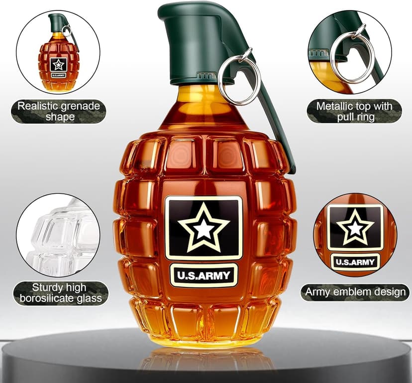 Military Hand Grenade Whiskey Bottle, 300ml Engraved Glass Hand-Grenade Shape Bottle, Leakproof Whiskey Decanter for Men Military Lovers Veteran Gifts