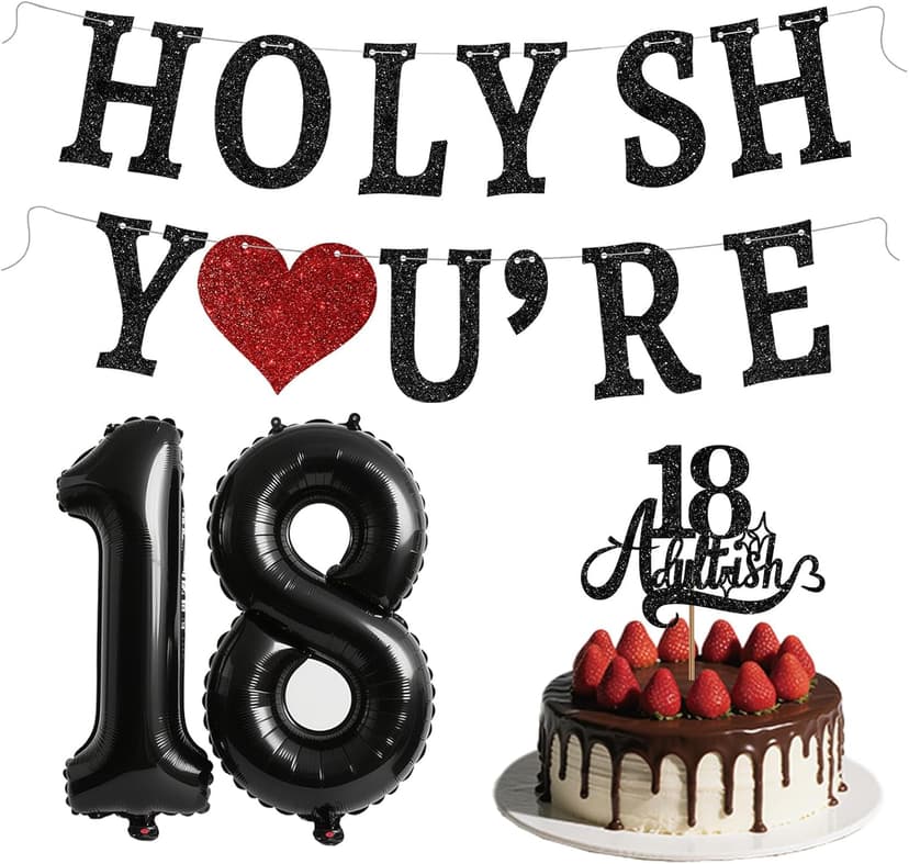 Funny 18th Birthday Decorations for Girls Boys - Glitter 18th Birthday Banner, Adultish Cake Topper &18 Balloon Numbers Set - 18 Years Old Gifts Party Decorations Supplies