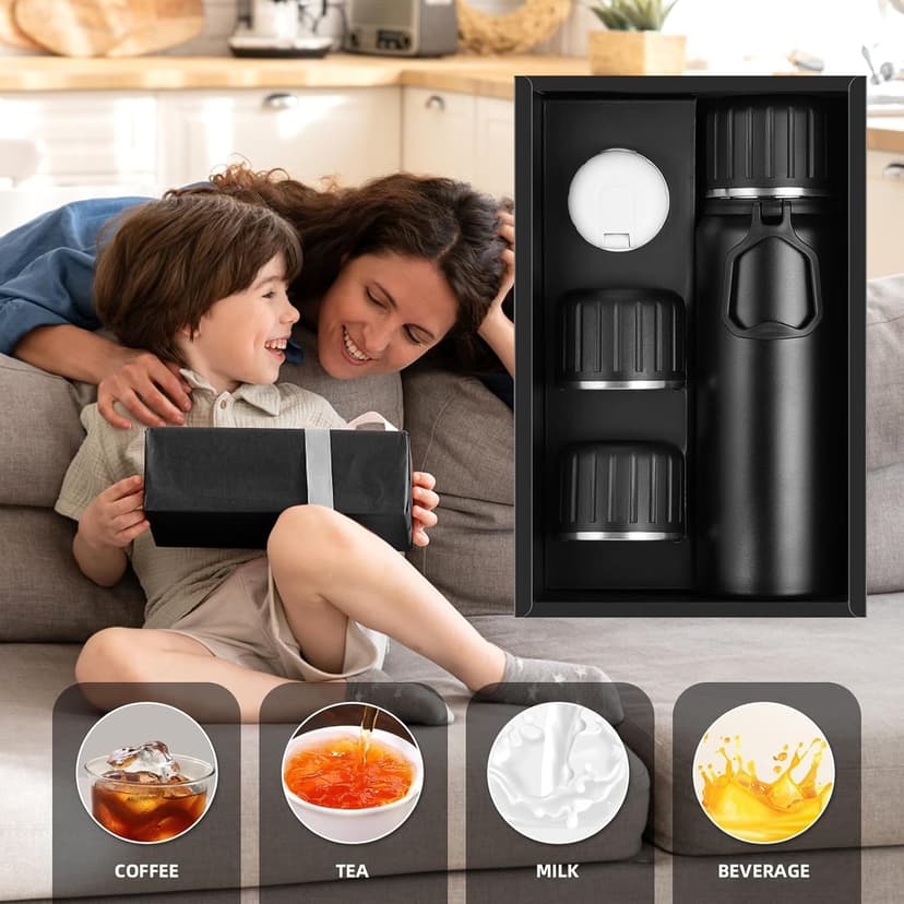 750ml/27 OZ Coffee Thermo with 3 cups, Insulated Water Bottle, Stainless Steel Vacuum Flask Set for Hot and Cold Drinks, Gifts Box