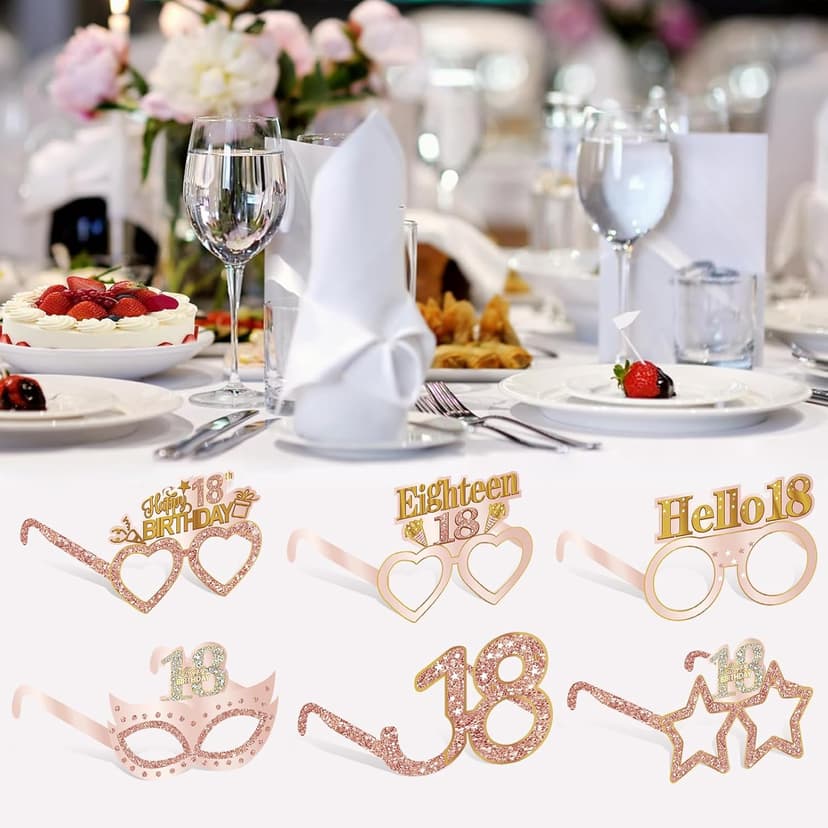 24PCS 18th Birthday Eyeglasses Decorations for Girls, Pink Rose Gold Happy 18th Birthday Paper Eyeglasses Party Supplies, Eighteen Year Old Bday Glasses Decor