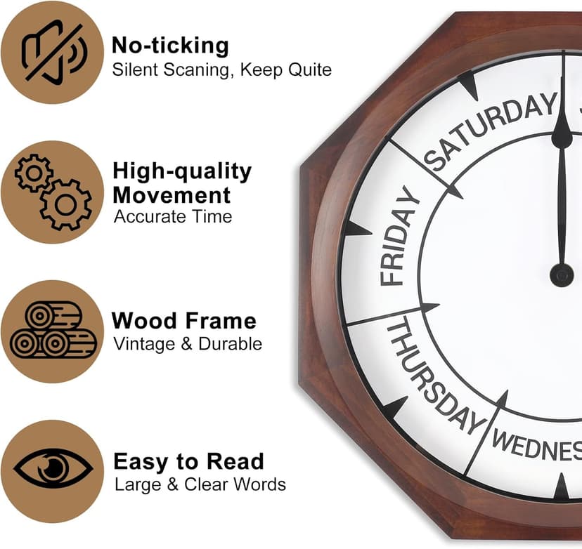 14 inch Wood Retirement Clock for Women Men, Day of The Week Wall Clock for Seniors, Funny Retirement Gifts for Father's Mother's Day Grandparents Birthday
