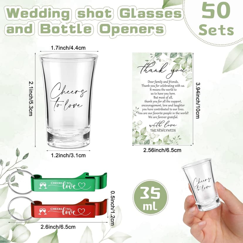 200 Pcs 50 Sets Wedding Favors for Guest Bulk 2 oz Cheers to Love Acrylic Shot Glasses Wedding Bottle Openers with Thank You Cards Bags for Guest Souvenirs Gifts Newlyweds Bridal Shower