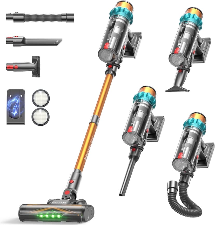 ElecKeys Cordless Vacuum Cleaner, 600W 50KPA 70Mins Self-Standing Vacuum Cleaners for Home, Stick Vacuum with Touch Screen, Upgraded Anti-Tangled Vacuum Cordless for Pet Hair, Floors, Carpets, Gold