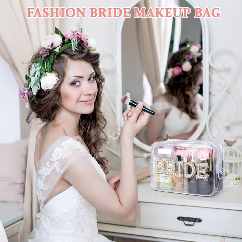 Etercycle Bride Clear Makeup Bag, Bridal Shower Gifts Engagement Cosmetic Bag, Bling Pearl Rhinestone Letter Patches Waterproof PVC Travel Organizer for Women Wedding Bachelorette Party (Gold)