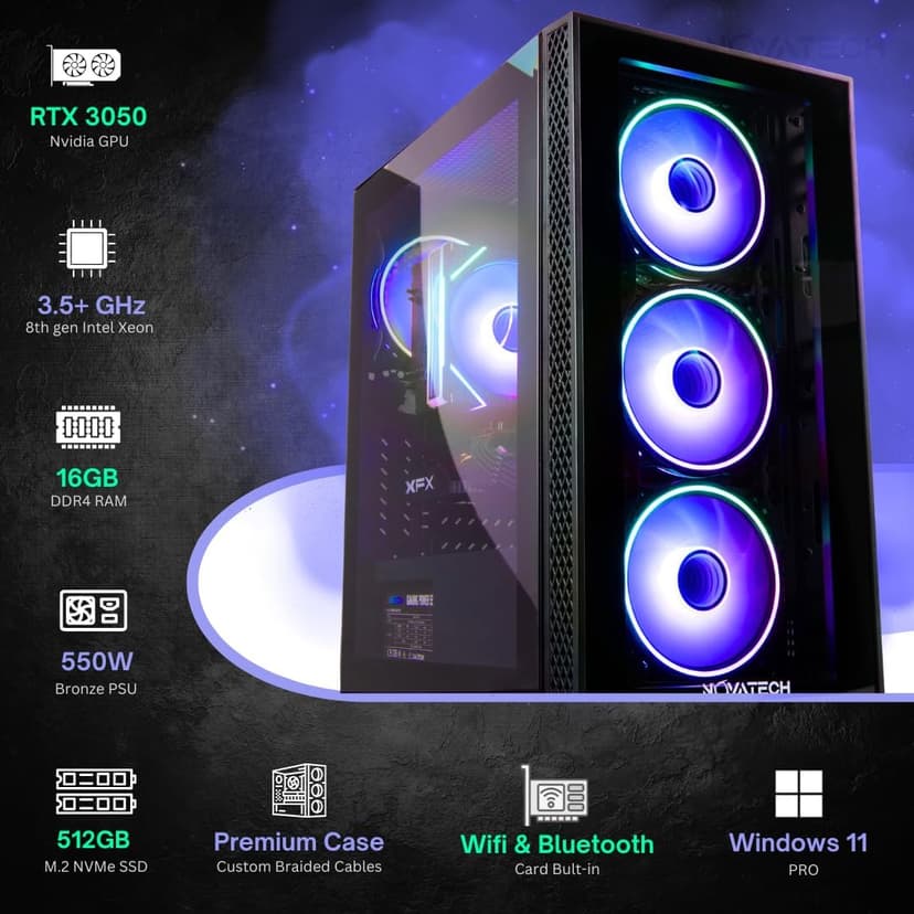 NOVATECH Phantom - Prebuilt Gaming PC Desktop Computer - RTX 3050 - Intel i7 Xeon 3.5GHz - 16GB RAM - 512GB M.2 SSD WiFi/BT, Win 11 Pro - Gaming Computer Tower, Pre Built PC Gaming - 1 Year Warranty