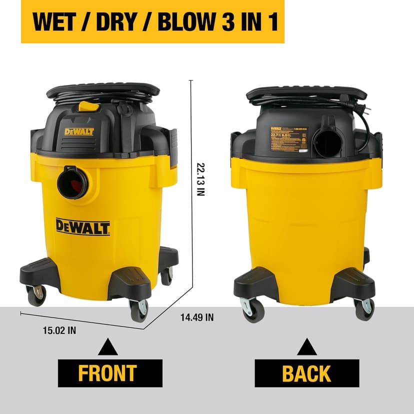 DEWALT Shop Vacuum 6 Gallon 4HP Poly Wet Dry Vacuum Ultimate Cleaning Solution for Construction Workshop Environments for Jobsite Garage Home W/Inflation Ket, Yellow, DXV06PL