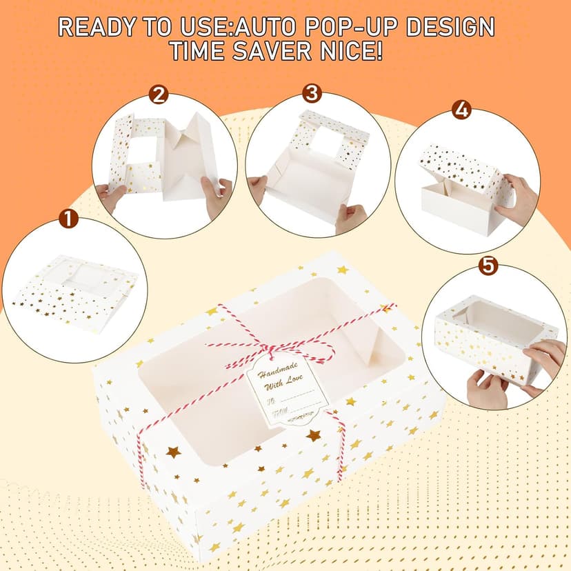 24 Sets Christmas Cookie Boxes with Window Treat and Pastry 9x6x3 Inches Gold Bakery Boxes Container for Gift Giving Christmas Chocolate Covered Strawberries,Donut,Mini Cake Packaging Boxes