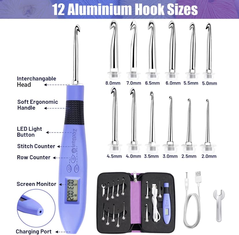 Light Up Crochet Hook Set Lighted Crochet Hook Set with 12 Different Size Interchangeable Crochet Needle, Ergonomic with 2 Levels Led and Digital Stitch Counter for Crocheting and Knitting